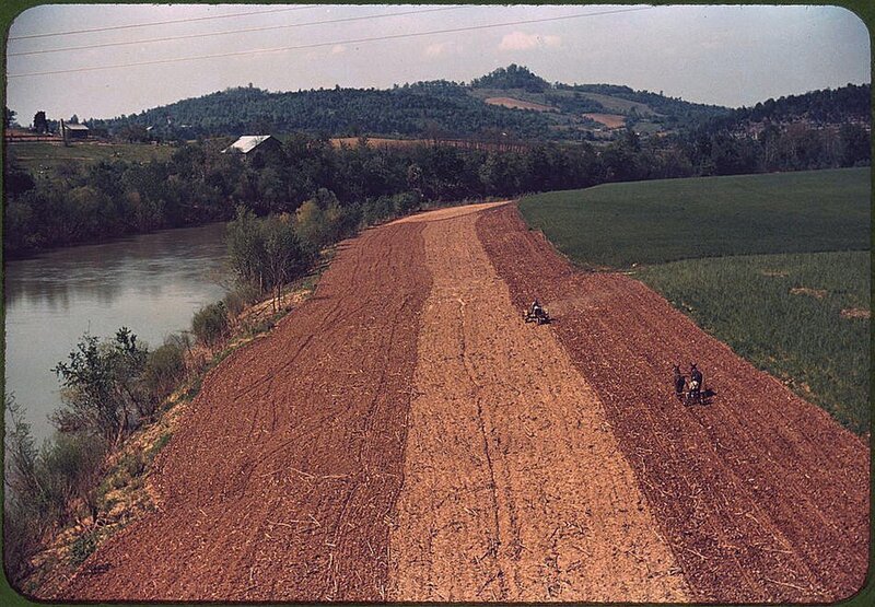Farmers plowing field by river