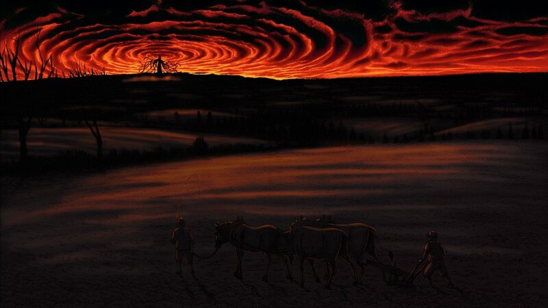 Farmers Plowing Field — Red, Dramatic