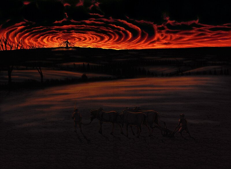Farmers Plowing Field — Red