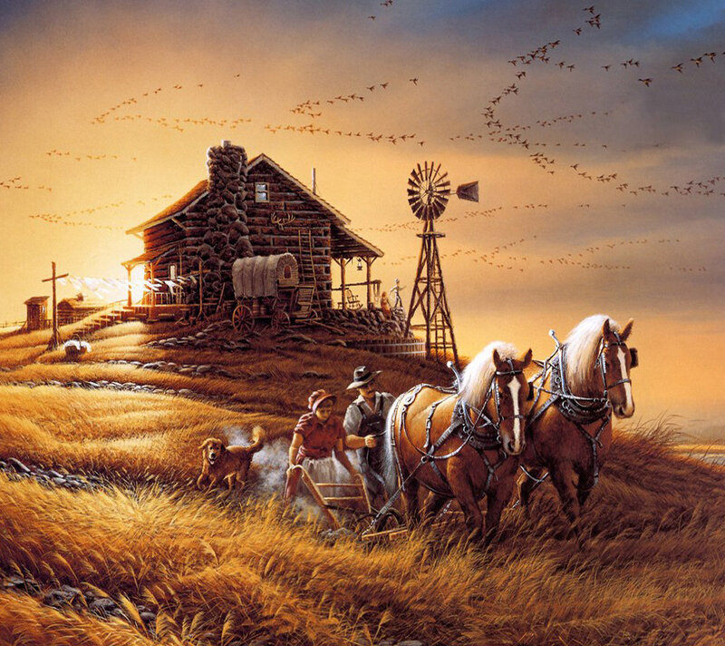 Farmers Plowing Field