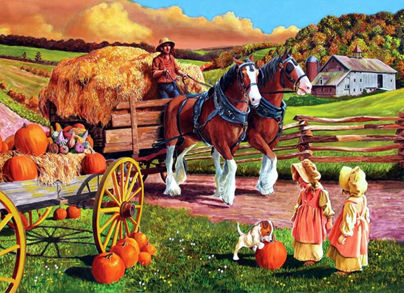 Farmers with Horses and Pumpkins