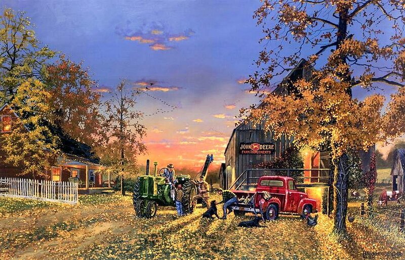 Farmers with Tractor — Orange, Peaceful