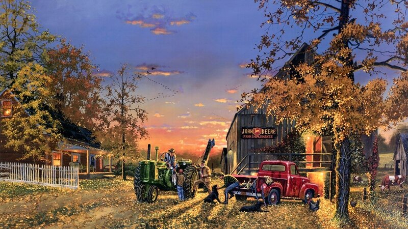 Farmers with Tractor — Orange, Serene, Sunset, Painting