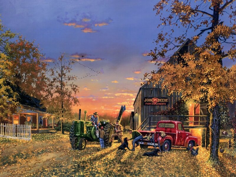Farmers with Tractor — Orange, Serene, Sunset