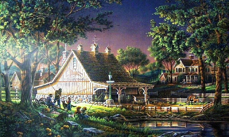 Farmhouse at Dusk — Green, Serene