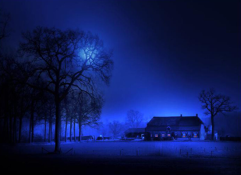 Farmhouse at Night — Blue