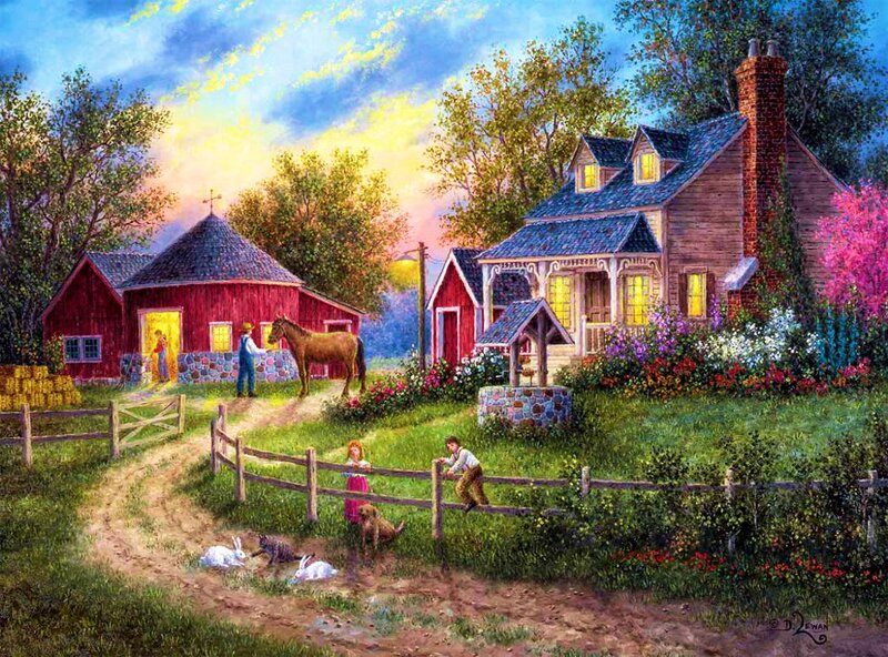 Farmhouse at Sunset — Blue