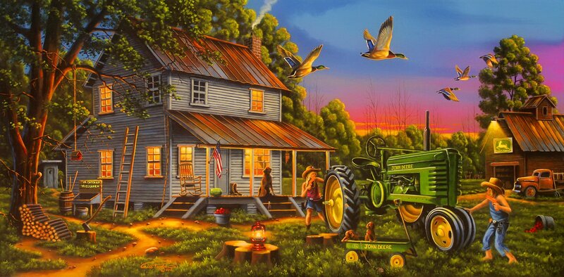Farmhouse at Sunset — Green, Peaceful