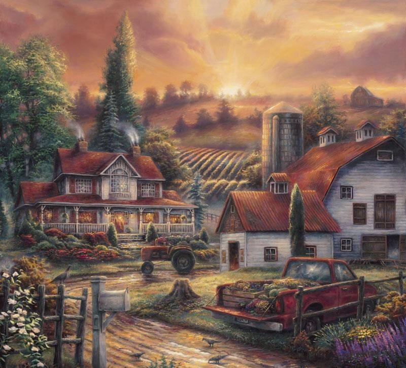 Farmhouse at Sunset — Orange, Serene, Painting, Barn, Tractor