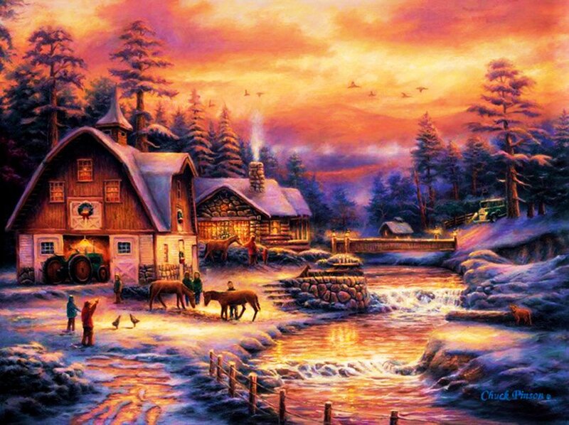 Farmhouse at Sunset — Orange, Serene, Painting