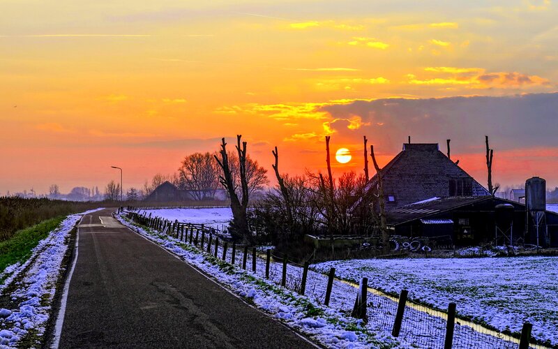 Farmhouse at Sunset — Orange, Serene