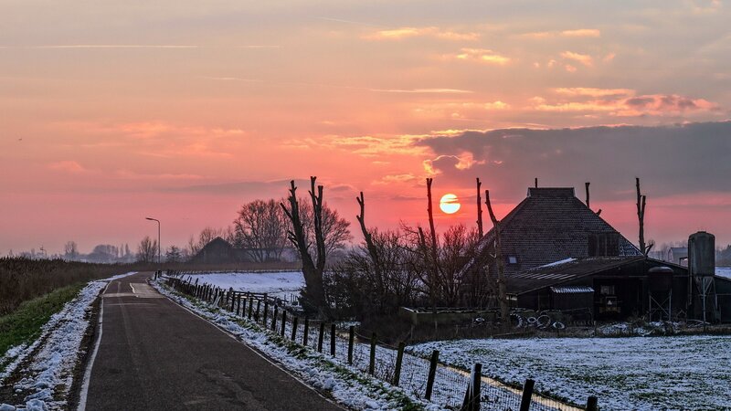 Farmhouse at Sunset — Orange, Serene, Winter