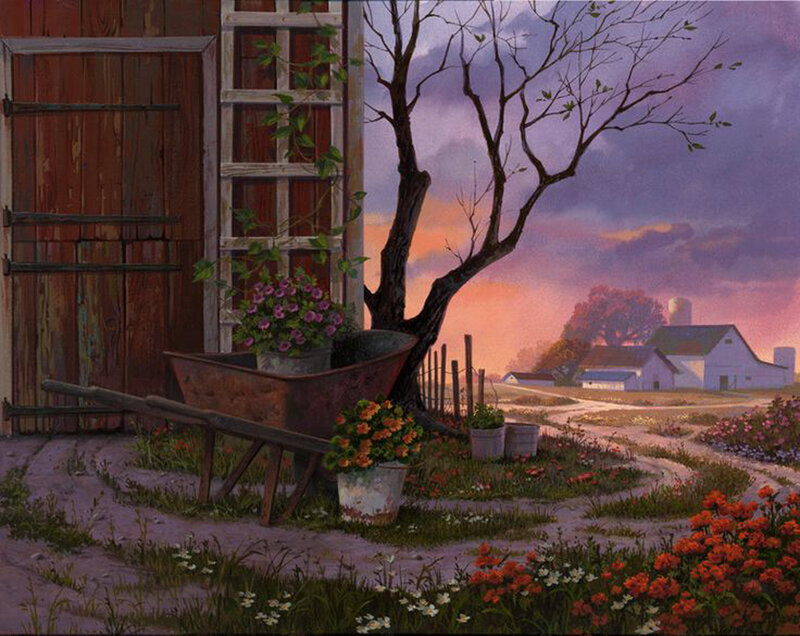 Farmhouse at Sunset — Purple, Serene