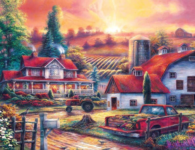 Farmhouse at Sunset — Red, Serene