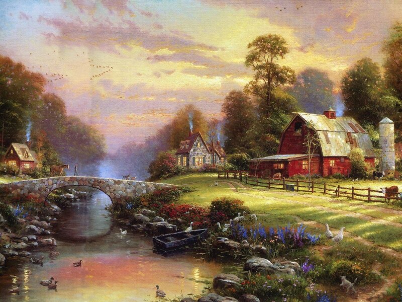 Farmhouse at Sunset — Yellow, Serene