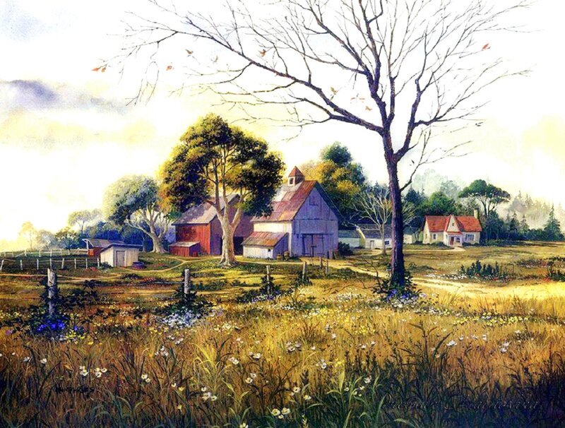 Farmhouse in Autumn Field — Yellow