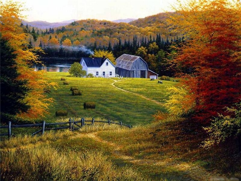 Farmhouse in Autumn — Green, Serene, Painting, Barn