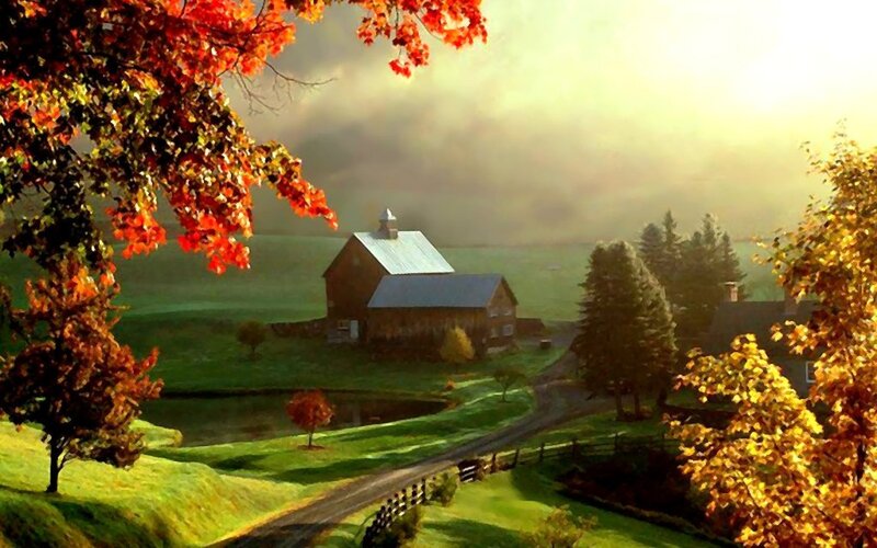 Farmhouse in Autumn — Green, Serene, Painting