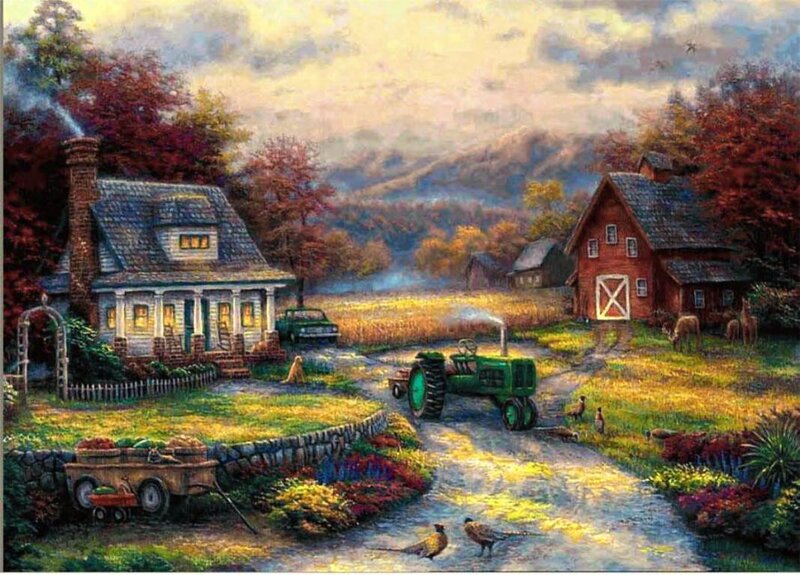 Farmhouse in Autumn — Green, Serene, Painting, Tractor