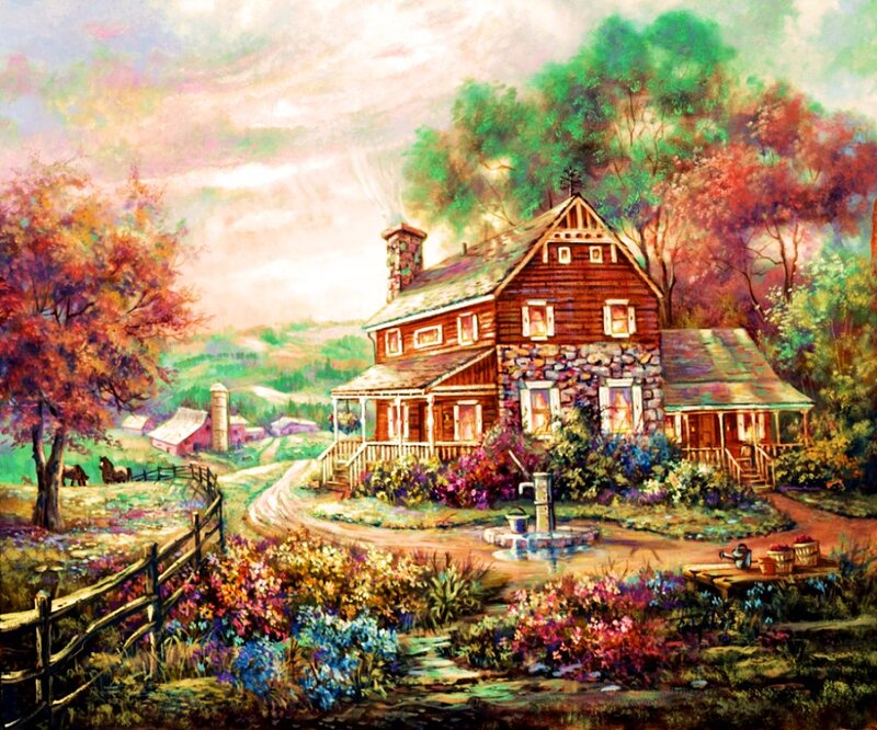 Farmhouse in Autumn — Green, Serene, Painting, Trees