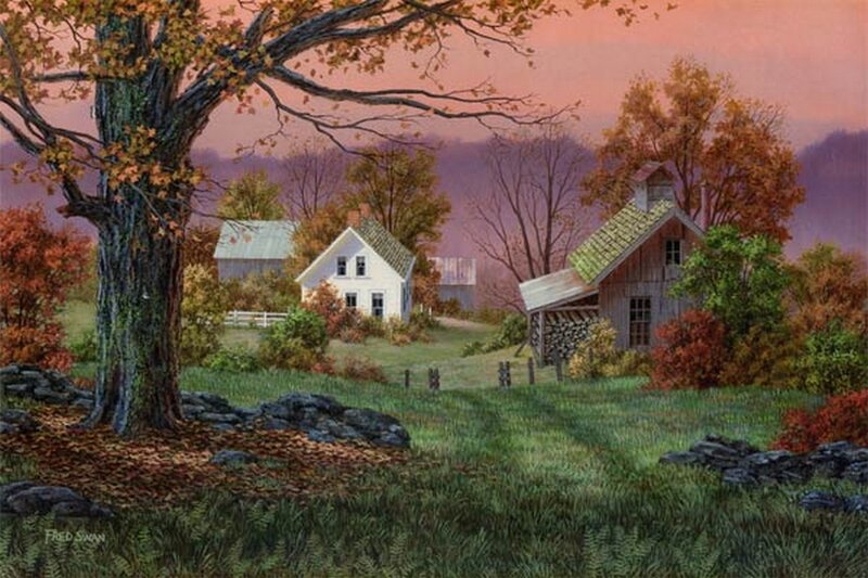 Farmhouse in Autumn — Green, Serene, Sunset