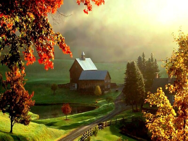 Farmhouse in Autumn — Green, Serene