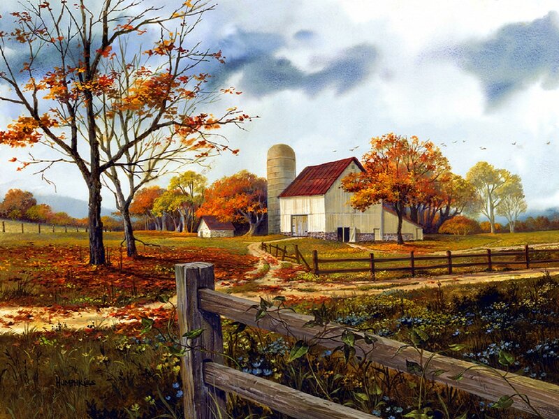 Farmhouse in Autumn — Orange, Serene, Painting, Barn, Silo