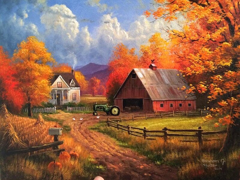 Farmhouse in Autumn — Orange, Serene, Painting, Barn