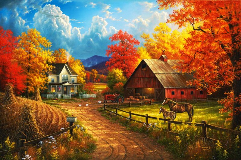 Farmhouse in Autumn — Orange, Serene, Painting