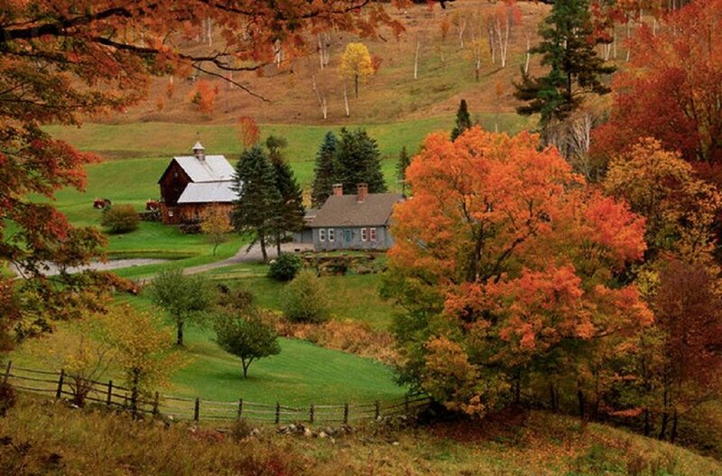 Farmhouse in Autumn — Orange, Serene, Photograph, Barn