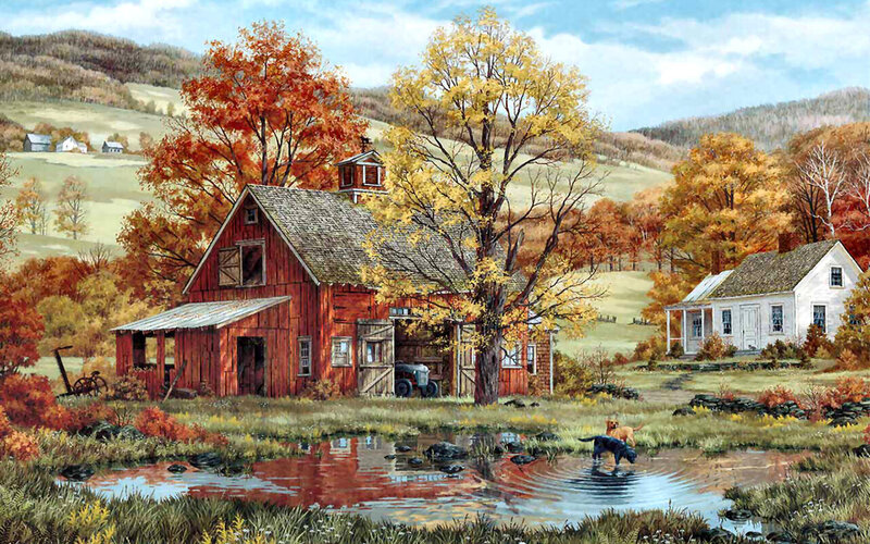 Farmhouse in Autumn — Red, Serene, Painting, Barn, Trees