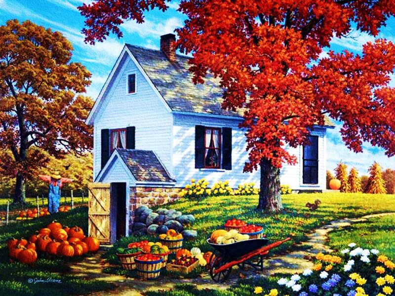 Farmhouse in Autumn — Red, Serene, Painting, Pumpkins