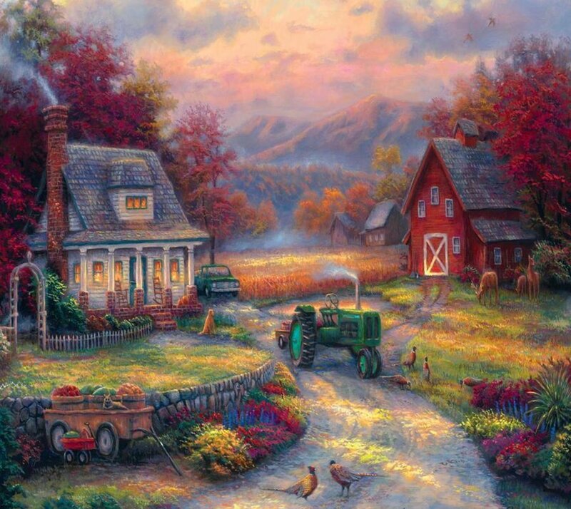 Farmhouse in Autumn — Red, Serene, Sunset