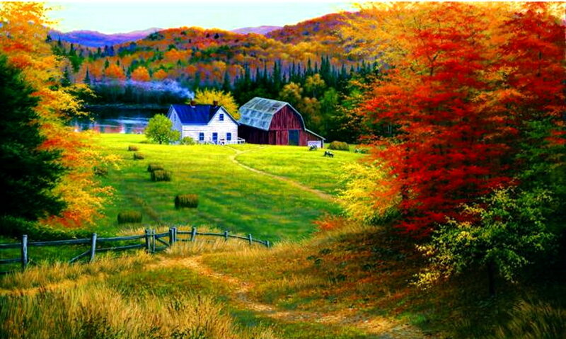 Farmhouse in Autumn — Red, Serene