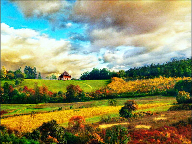 Farmhouse in Autumn Valley — Green, Dramatic