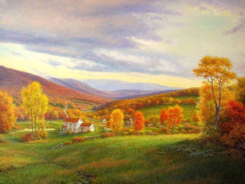 Farmhouse in Autumn Valley — Green, Serene, Painting