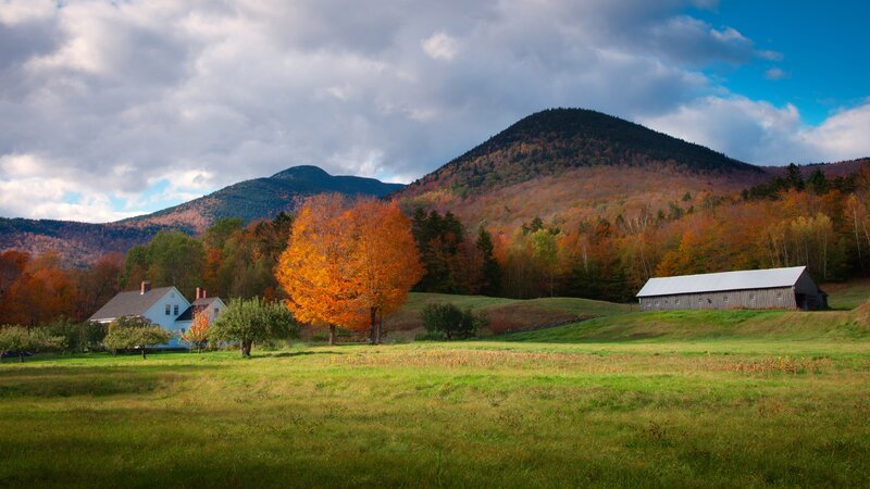 Farmhouse in Autumn Valley — Green, Serene, Photograph, Mountain