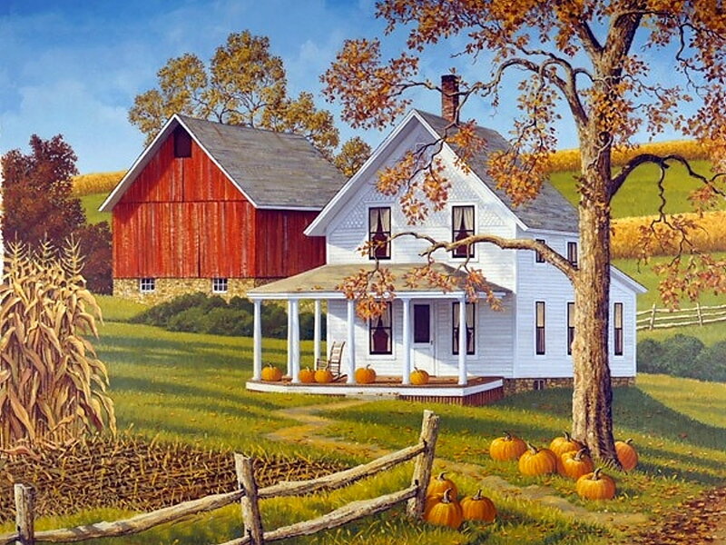 Farmhouse in Autumn — White, Serene