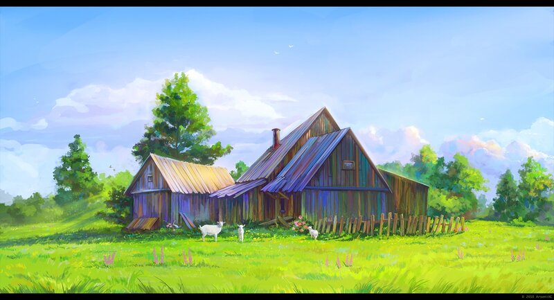 Farmhouse in Field — Green, Serene, Afternoon, Digital Art