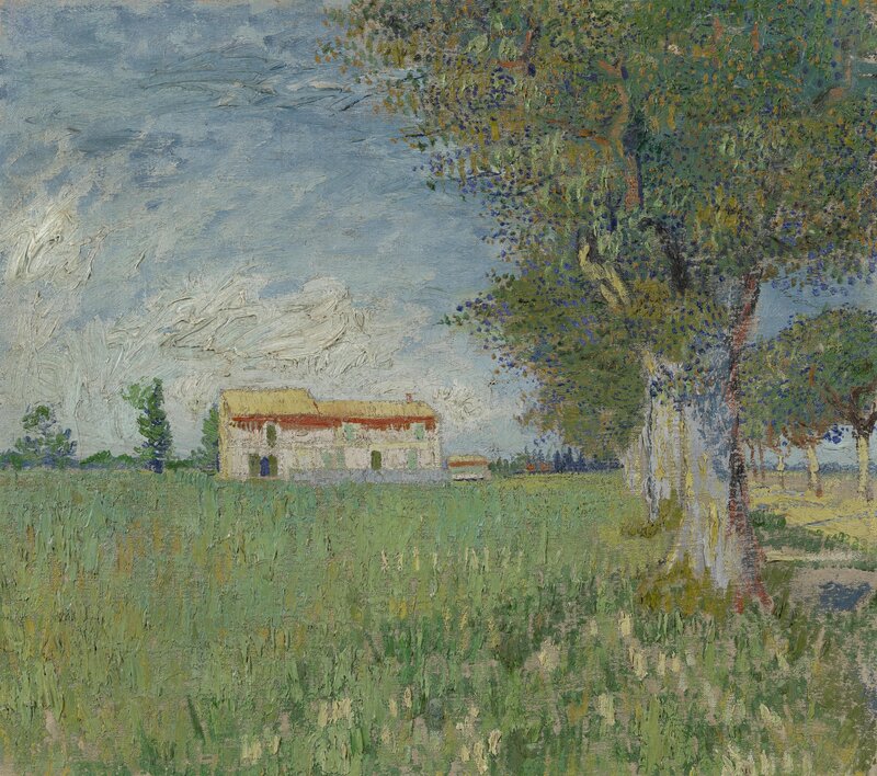 Farmhouse in Field — Green, Serene, Afternoon, Painting