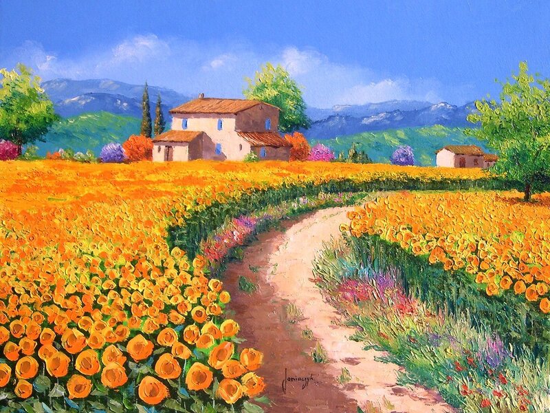 Farmhouse in Flower Field — Orange