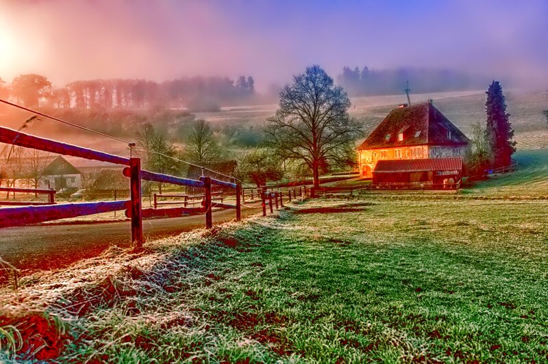 Farmhouse in Foggy Field