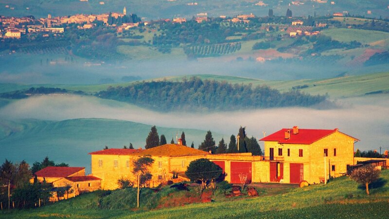 Farmhouse in Foggy Hills — Green, Serene