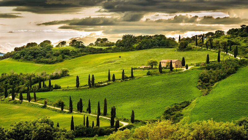 Farmhouse in Green Hills — Serene, Sunset