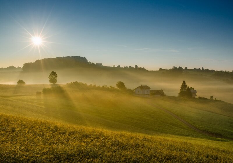 Farmhouse in Misty Field — Green