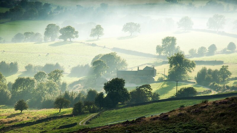 Farmhouse in Misty Valley — Green, Serene