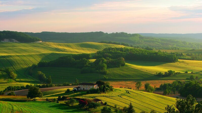 Farmhouse in Rolling Hills — Green, Serene, Sunset, Photograph, Trees