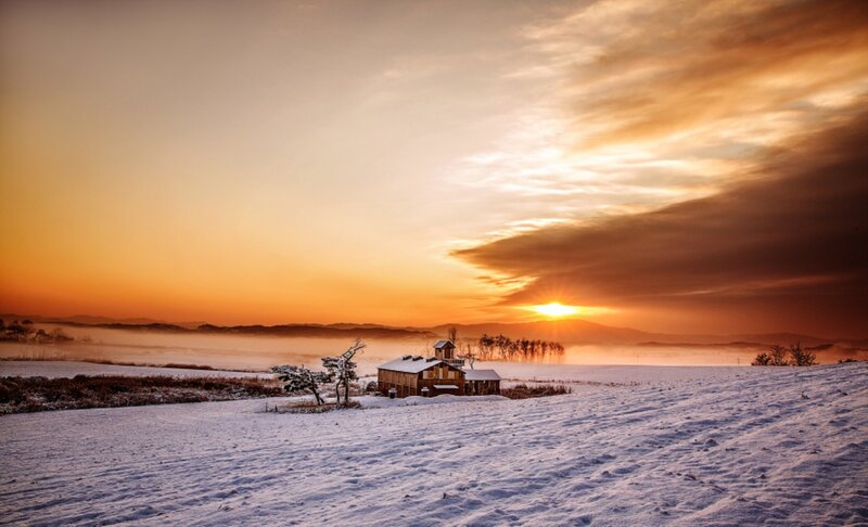 Farmhouse in Snow — Orange, Serene