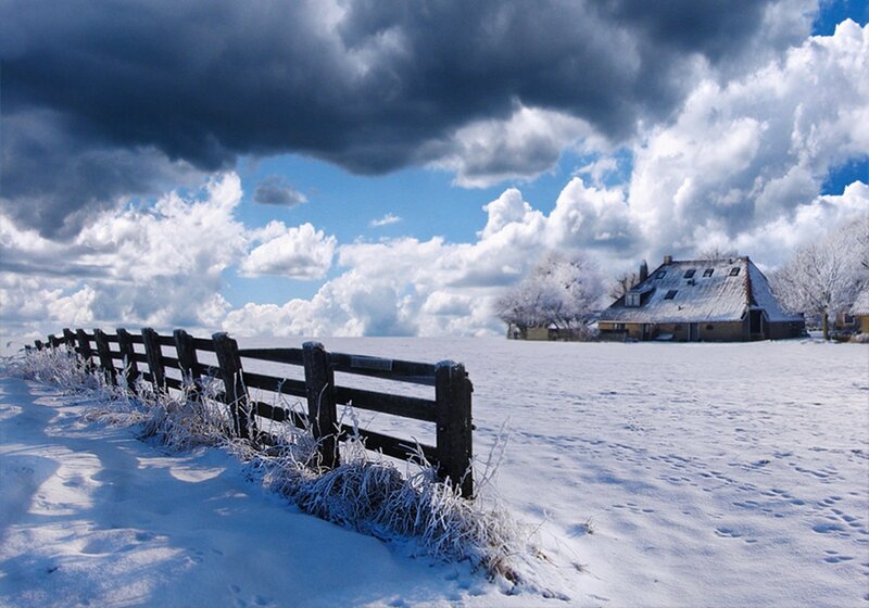 Farmhouse in Snow — White, Dramatic