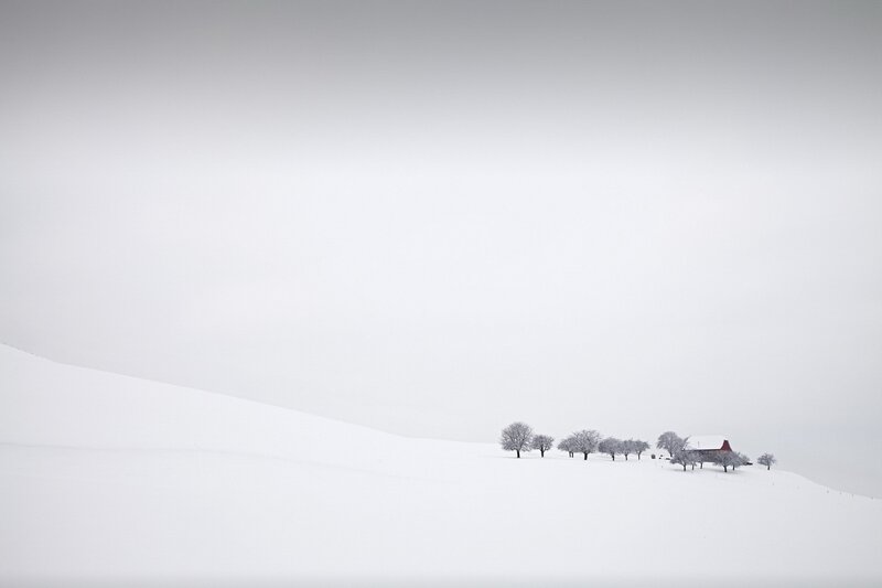 Farmhouse in Snow — White, Serene, Winter, Photograph